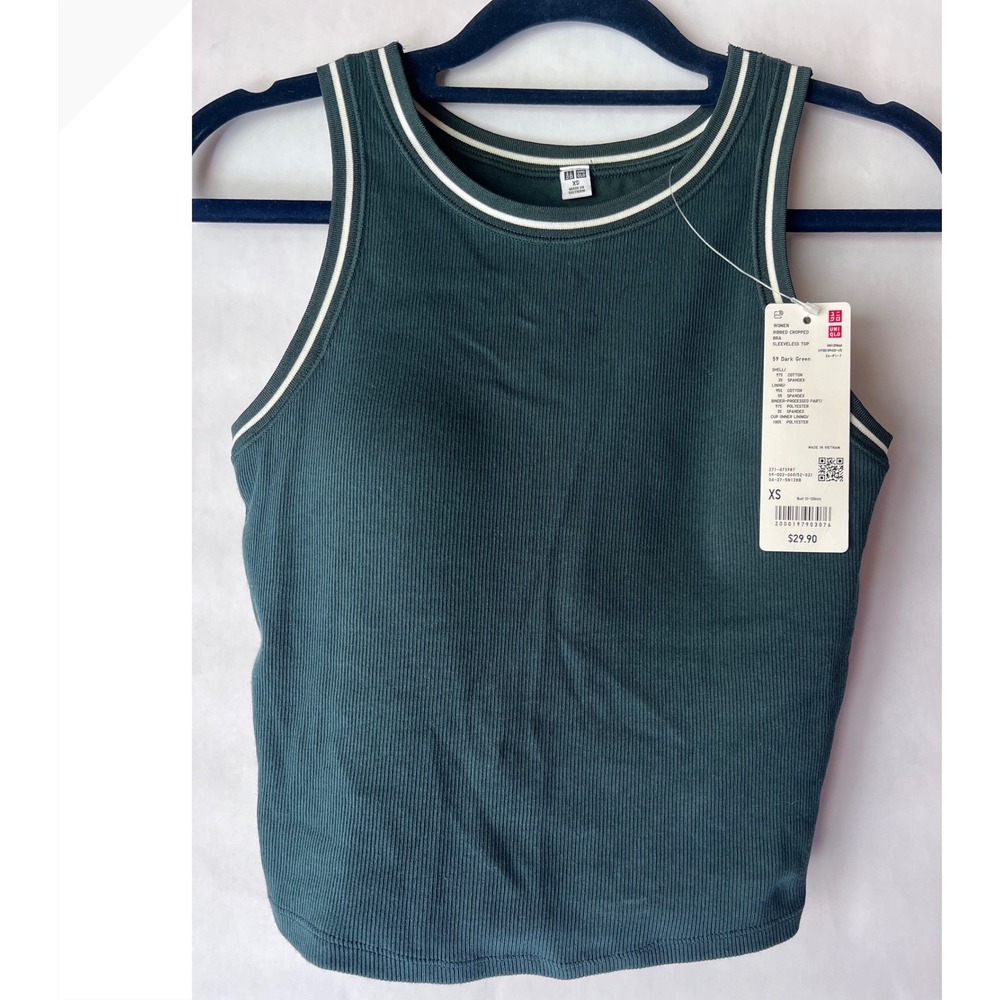 Uniqlo Ribbed Cropped Bra Sleeveless Top Dark Green White Trim 473987 XS
